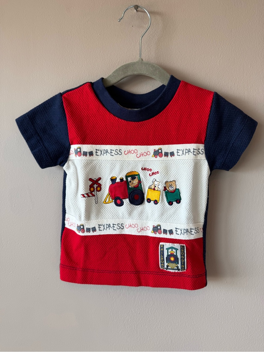 Vintage Buddy Boys Color Block Train Animals Embroidered T-Shirt 12 months